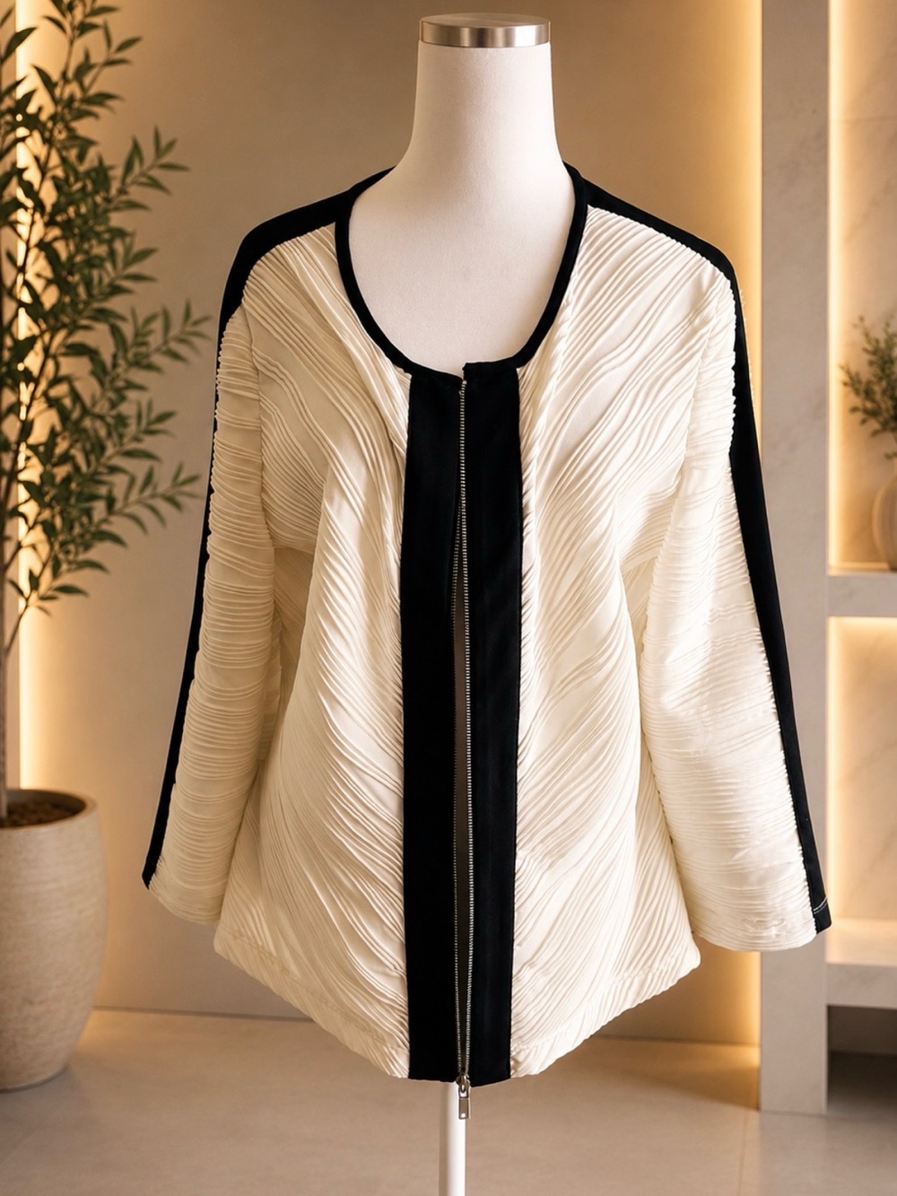 Alfani Cream and Black Textured Zip-Front Jacket NWOT